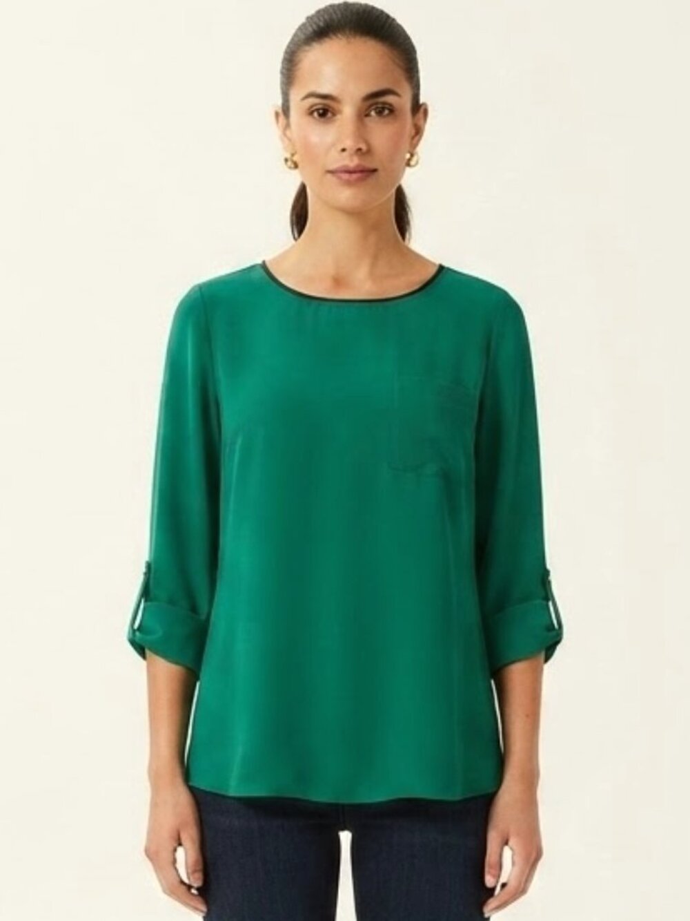 Le Chateau Relaxed Fit Roll Up Sleeves Pull On Emerald Blouse- Sz. Med